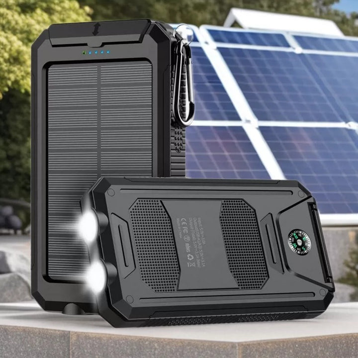Solar-powered power bank with robust case and integrated LED lighting Bowlift