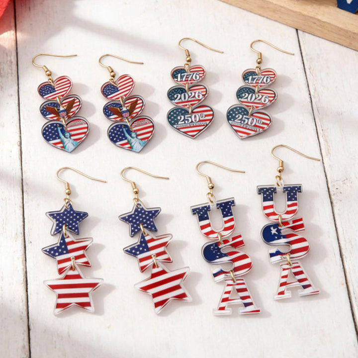 Women's acrylic statement earrings long pendant bow motif with patriotic print Bowlift