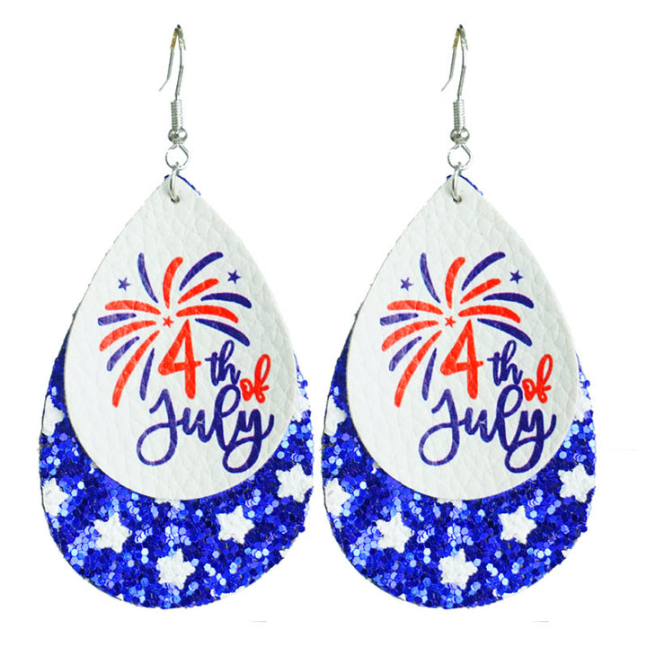 Women's patriotic drop earrings made of faux leather with glitter stars and the inscription Bowlift