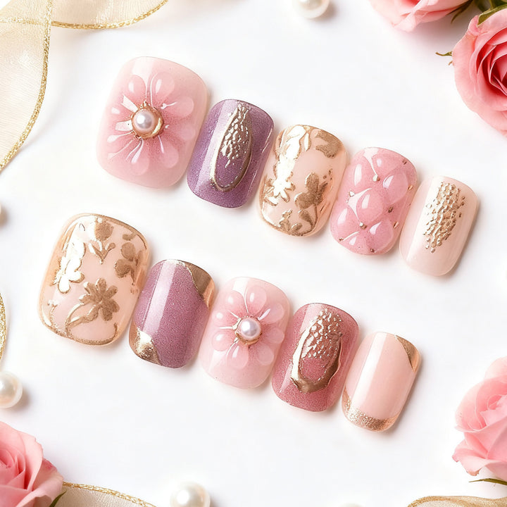 Elegant Floral Decorative Press-On Nail Art Set Bowlift