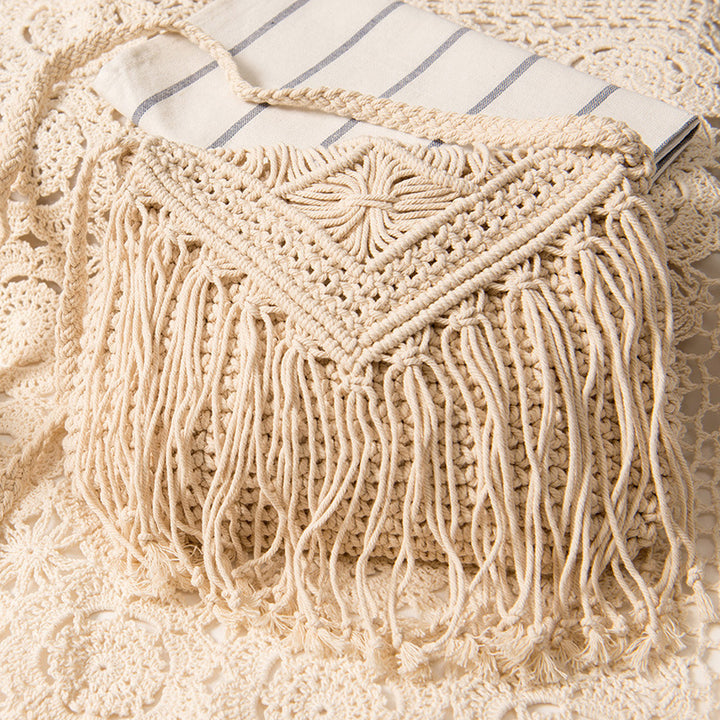Macrame Handbag with Fringes and Adjustable Shoulder Strap Bowlift