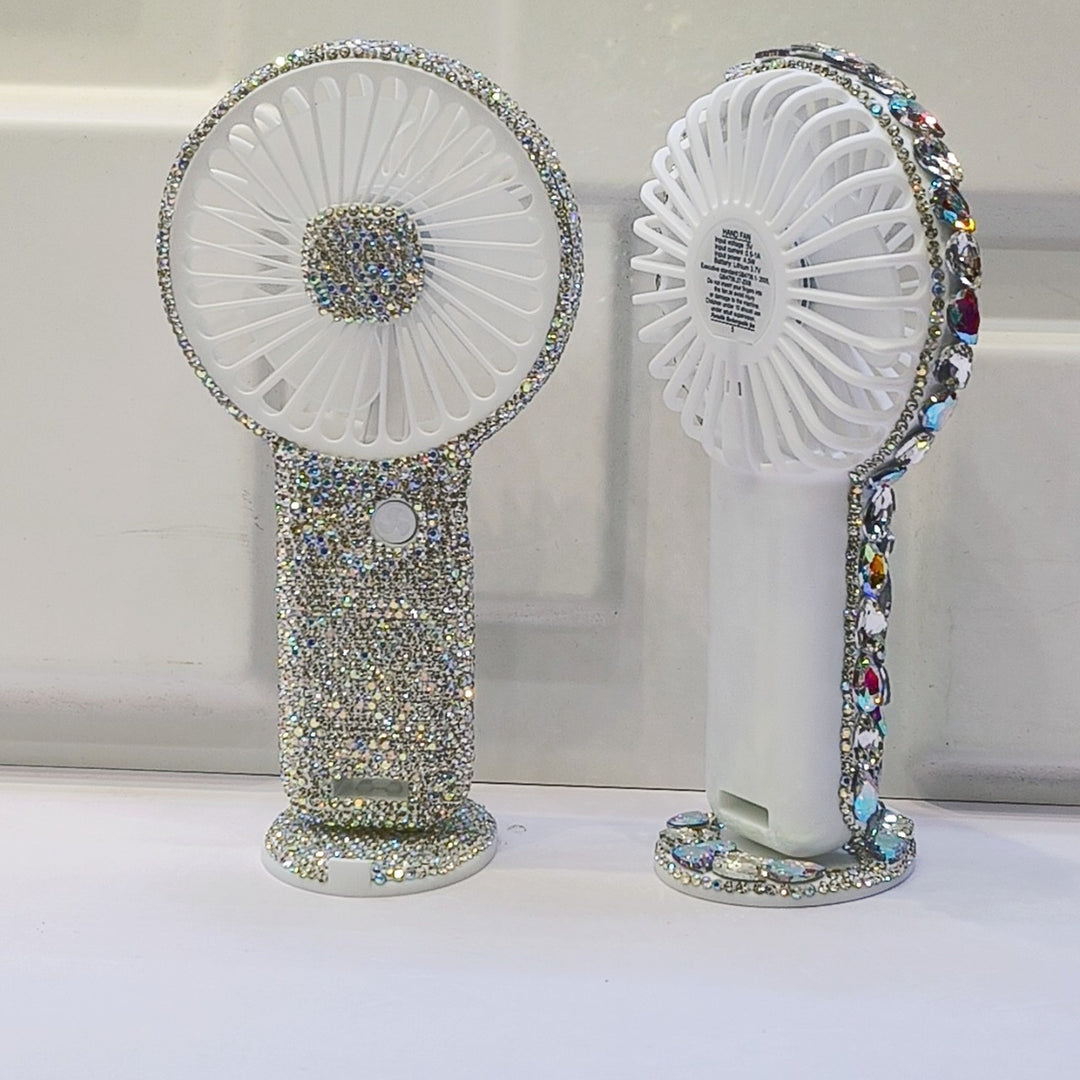 Women's portable hand fan rechargeable with rhinestone accents and cat emblem Bowlift