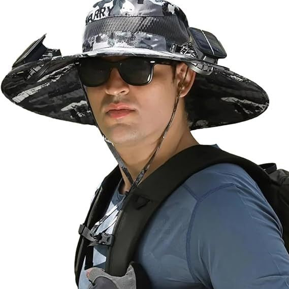 Sun Hat with Wide Brim for Outdoor Use, with Integrated Solar Cells and Adjustable Chin Strap Bowlift