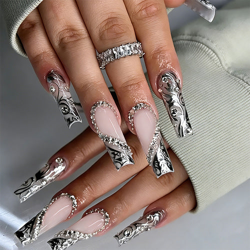 Acrylic nail set with elegant patterns and sparkling accents Bowlift