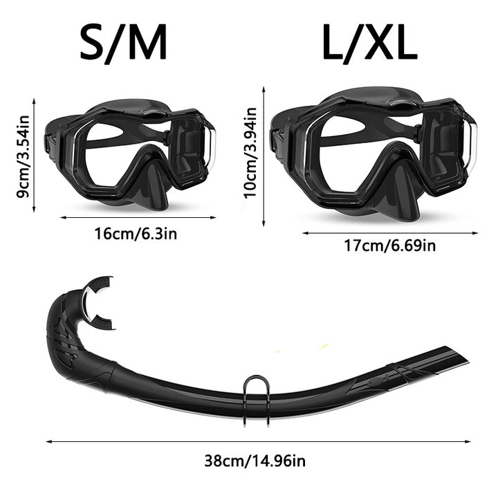 Diving equipment set with ergonomic diving mask and flexible snorkel Bowlift