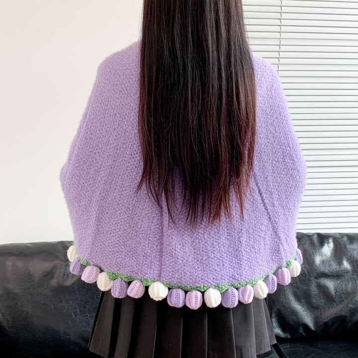 Poncho with Colorful Pom Pom Trim Bowlift