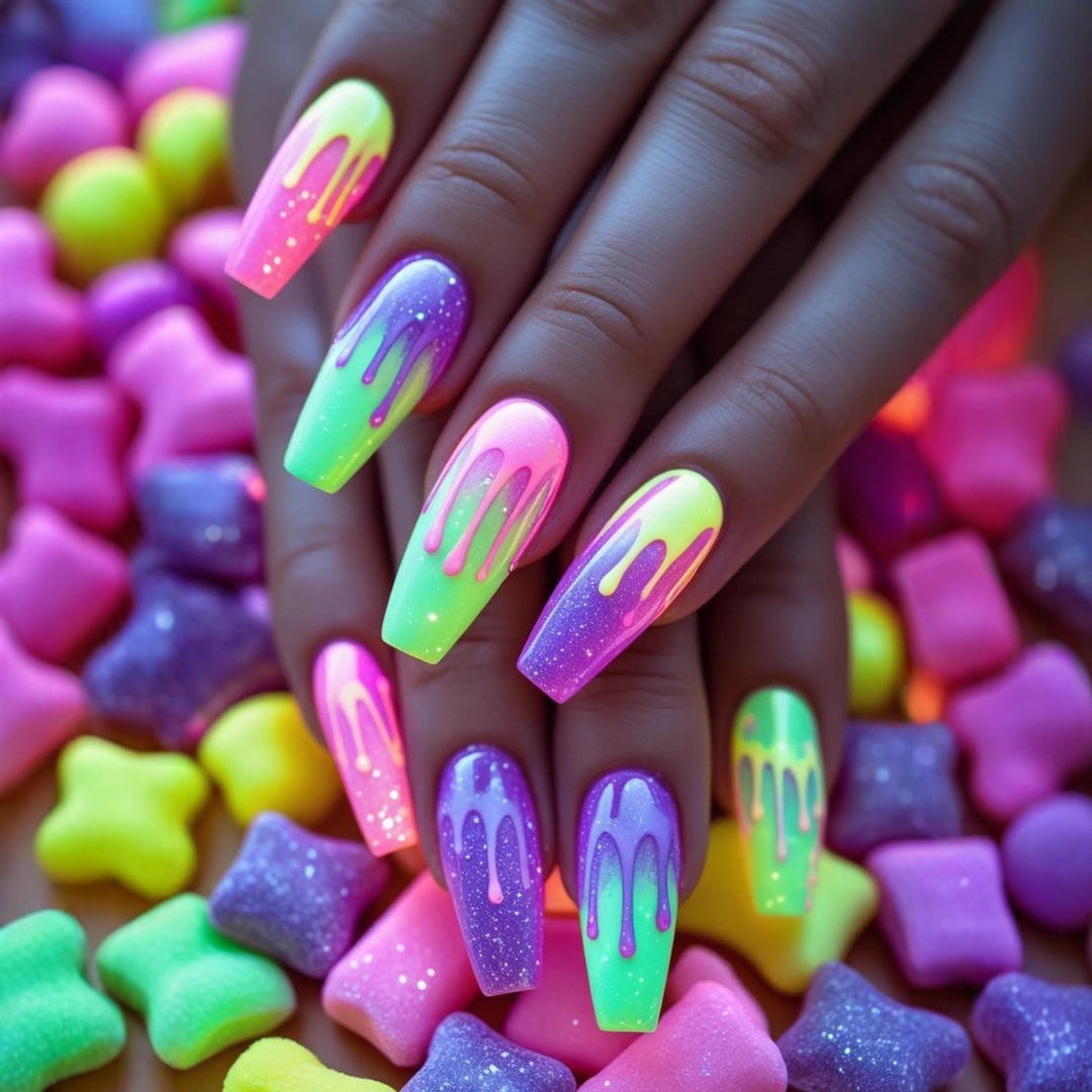 Artificial nail extensions in creative gradient design Bowlift