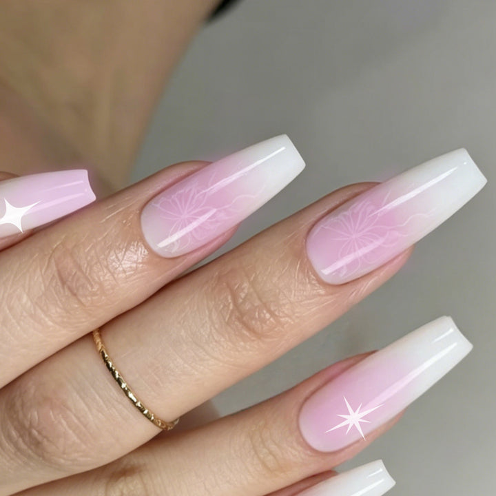 Artificial nails with delicate ombre effect and floral accents Bowlift