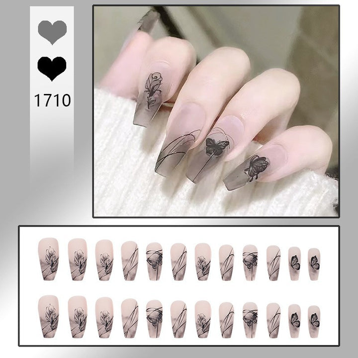 Artificial nail set with elegant flower design and delicate butterfly motifs Bowlift