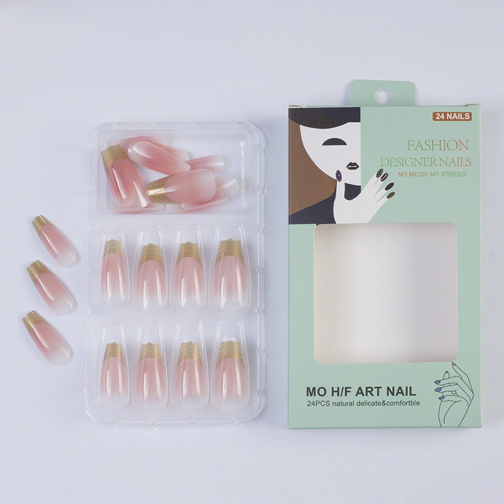 Acrylic Nail Set with Elegant Ombre Design and Golden Accents Bowlift