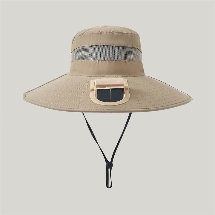 wide-brimmed outdoor sun hat with solar module, quiet mini fan, and adjustable chin strap Bowlift