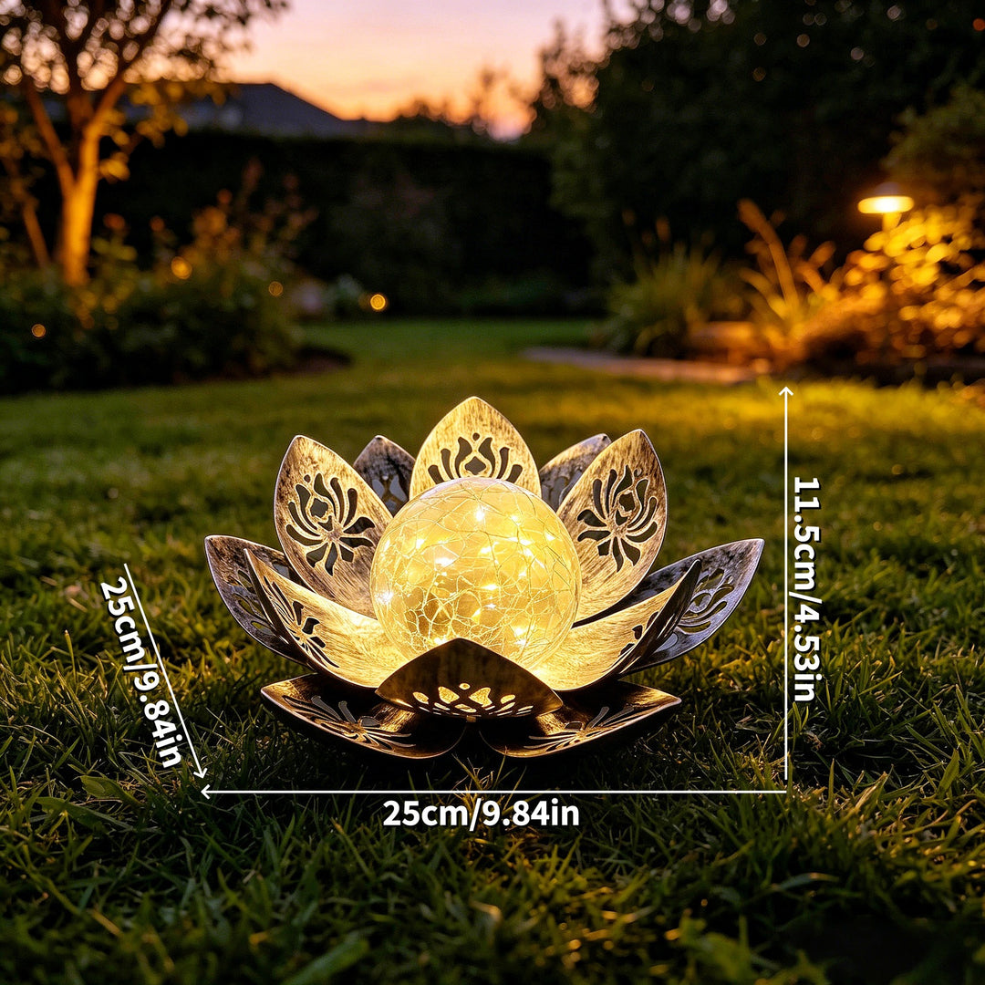 Decorative Solar Lotus LED Garden Lantern With Crackle Glass Globe And Laser-Cut Metal Petals Bowlift