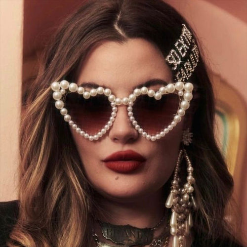 Women's Heart-Shaped Sunglasses with Pearl-Embellished Frame Bowlift