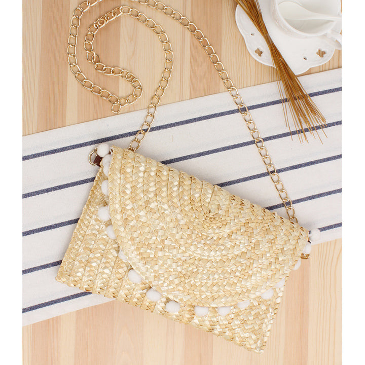 Clutch Bag Made of Handwoven Straw with Decorative Pompons Bowlift