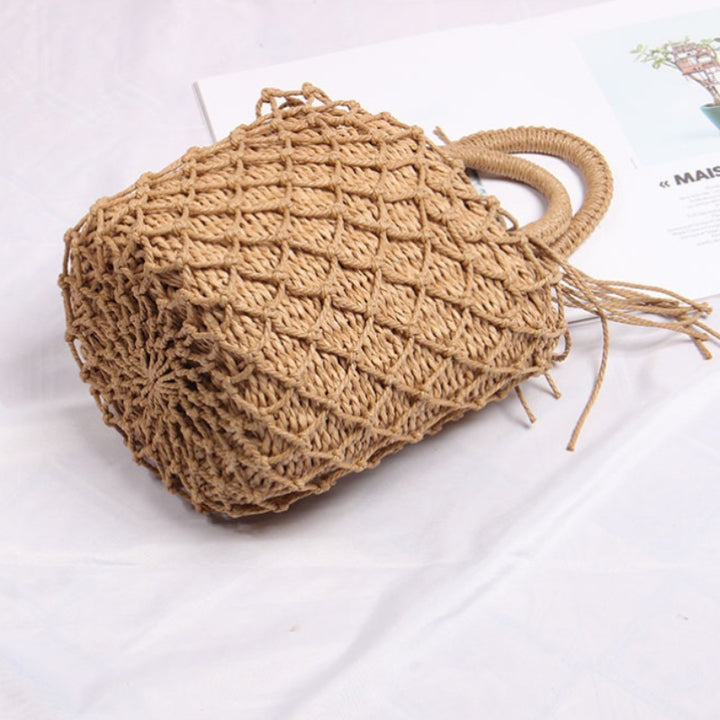 Braided Macrame Shoulder Bag with Decorative Fringe Bowlift