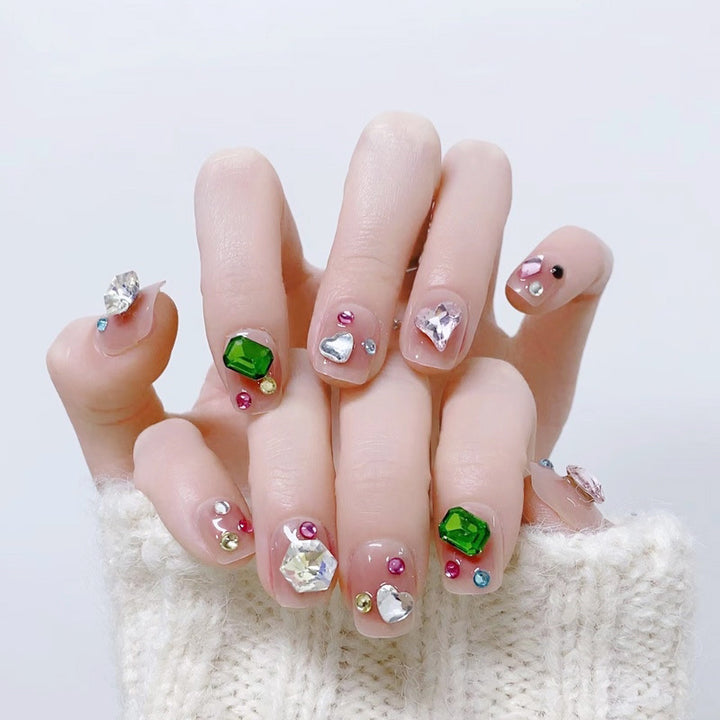 Acrylic nail set with sparkling 3D applications and beautiful heart designs Bowlift