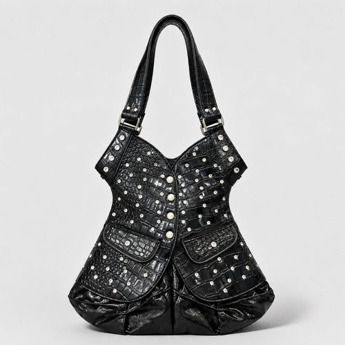 Studded Crocodile-Effect Leather Handbag