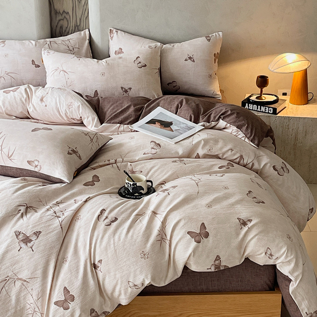 Floral Butterfly Duvet Cover Set With Brushed Cotton‑Blend Linen Texture And Corner Tie Pillowcase Ensemble