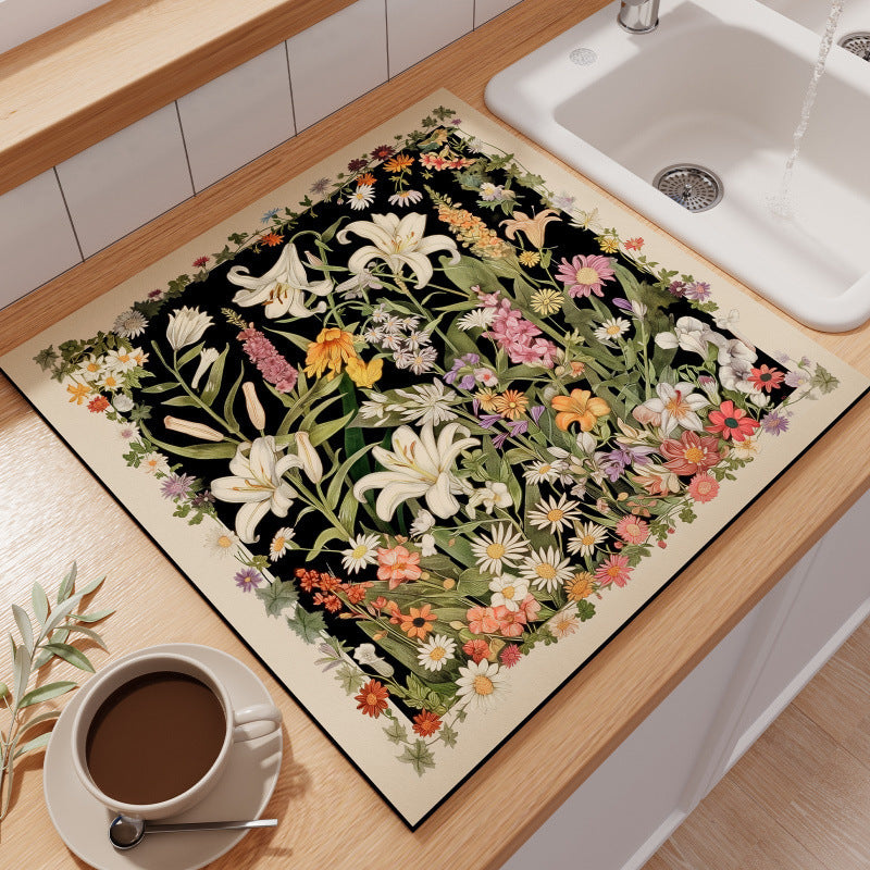 Floral-Themed Kitchen Counter Mat Bowlift
