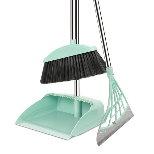 Adjustable Ergonomic Broom And Dustpan Cleaning Set With Detachable Squeegee And Stainless Steel Handle