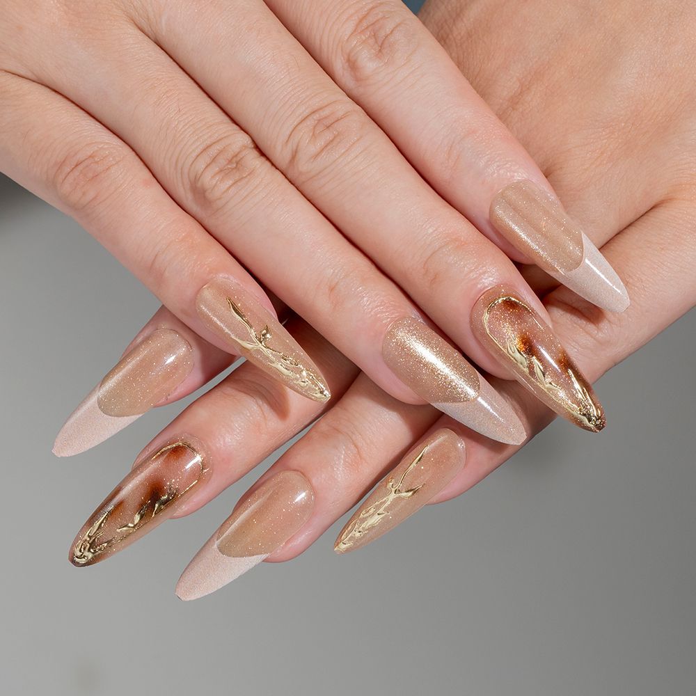 Elegant Stiletto Press-On Nail Set with Gold Accents Bowlift