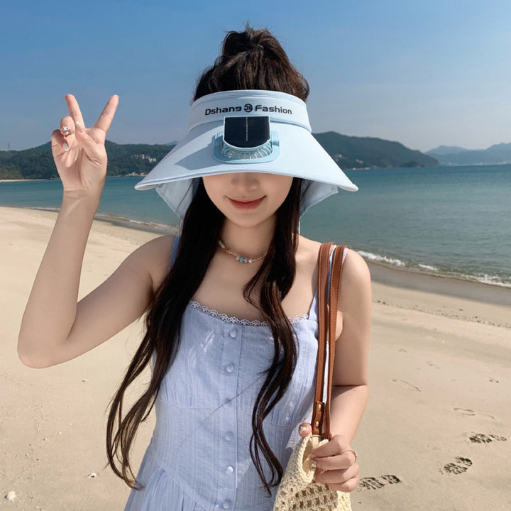 Visor with integrated solar fan, solar module, and neck protection Bowlift