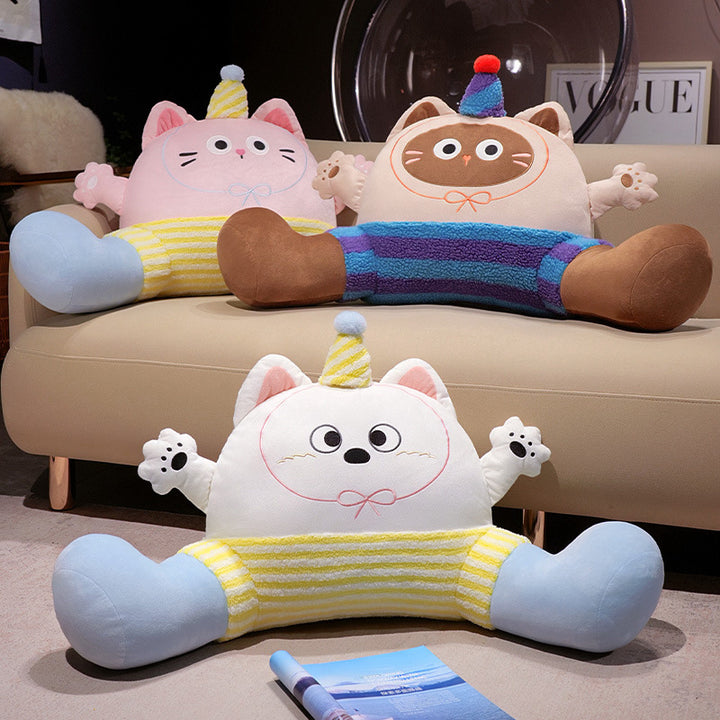 Large plush reading pillow with armrests and cute cat design