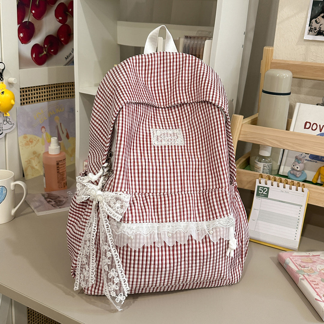 Charming Striped Lace-Trimmed Backpack Bowlift