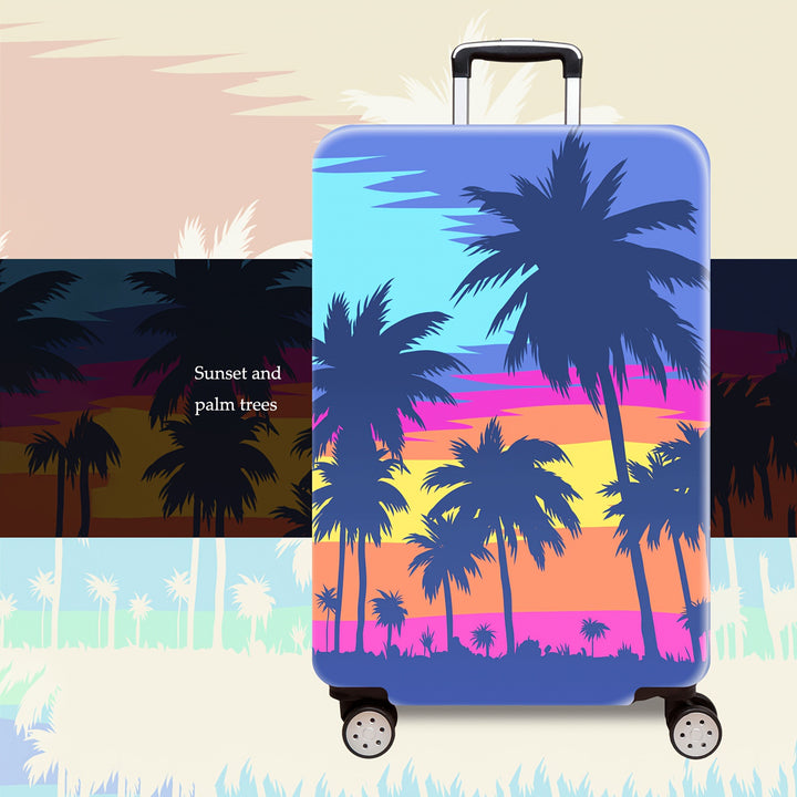Unisex hard shell trolley printed with tropical sunset design, four wheels, expandable and lightweight, integrated combination lock Bowlift