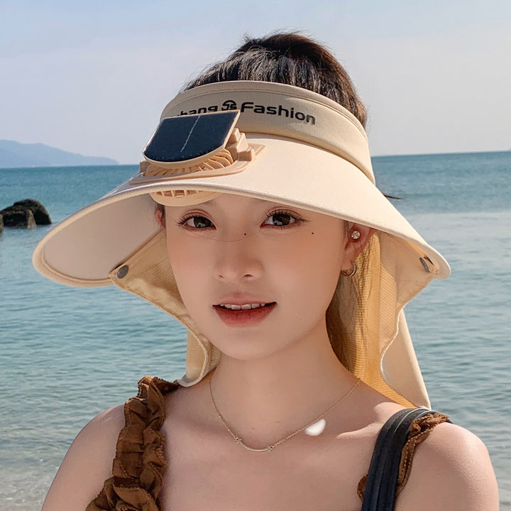Visor with removable solar clip fan and UV protection neck strap Bowlift