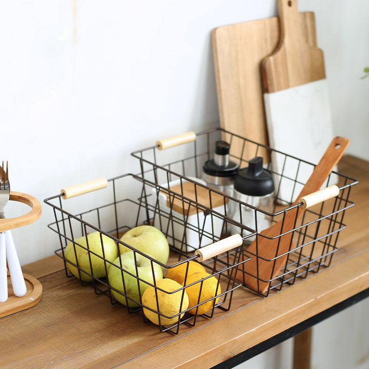 Unisex Wire Storage Basket with Ergonomic Wooden Handles Bowlift