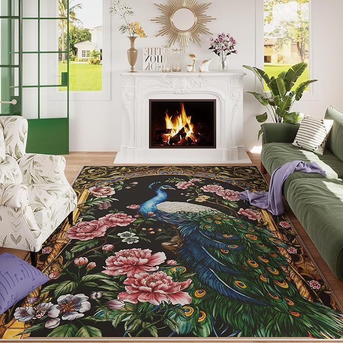 Ornamental Peacock Design Area Rug Bowlift