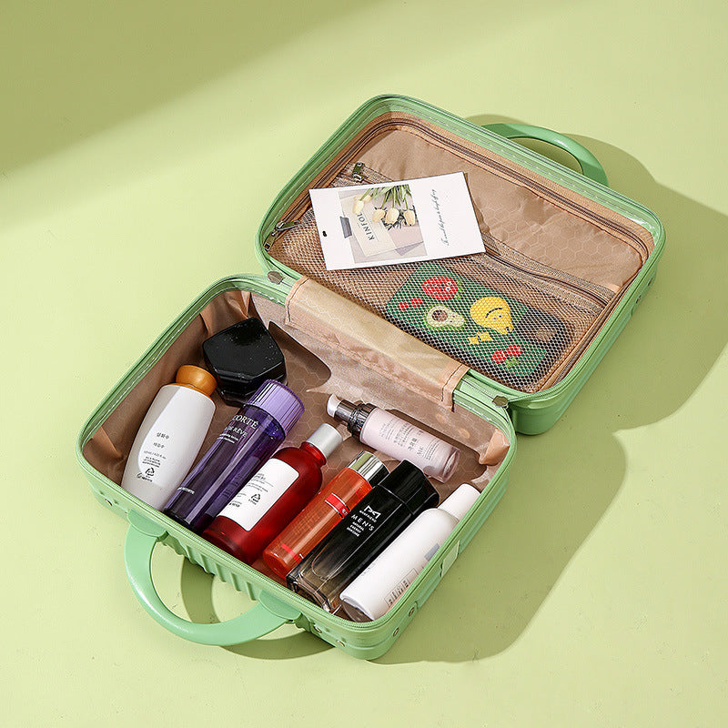 structured hard-shell vanity travel case with faux-leather corner reinforcements and dual top handles Bowlift