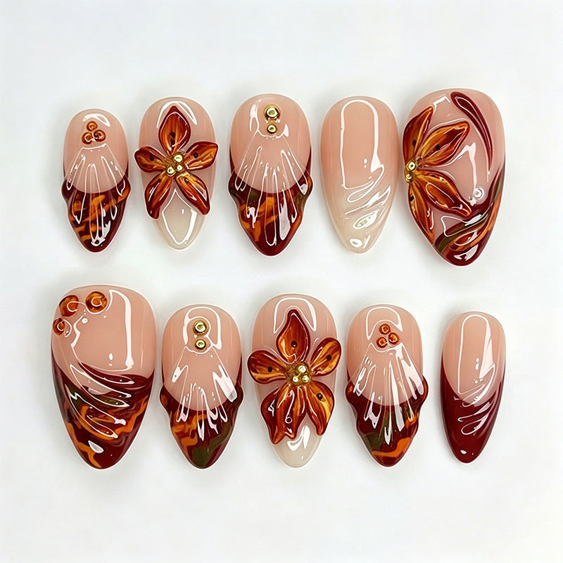 Art nail set with floral 3D applications and elegant glitter elements Bowlift