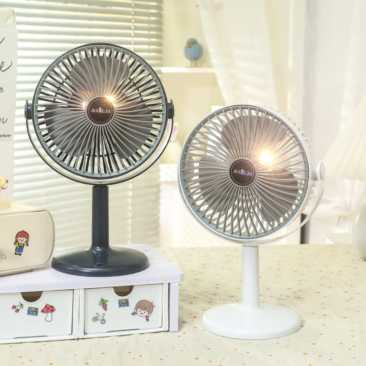 Unisex portable battery-operated table fan with integrated LED light, adjustable head, and USB charging function Bowlift