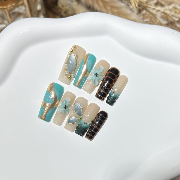 Artistic Press-On Nail Art Set with Floral and Geometric Designs Bowlift
