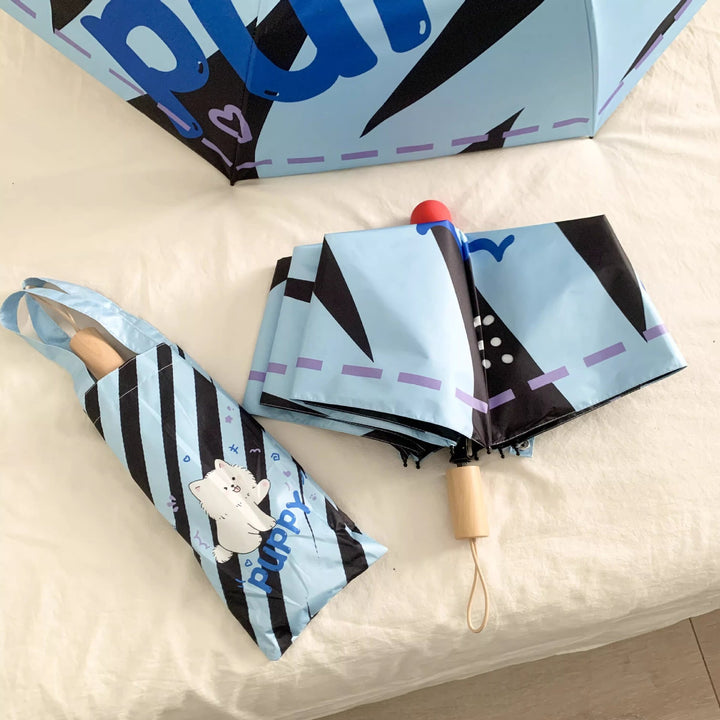 Ladies elegant folding umbrella with ergonomic wooden handle and protective carrying case Bowlift
