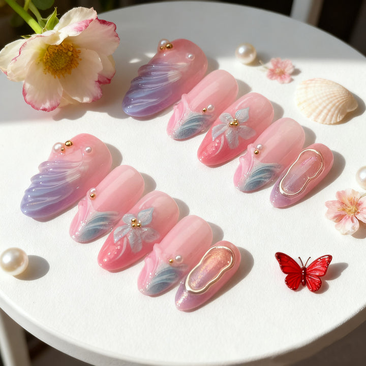 Artificial nails with flower pattern and glamorous accents Bowlift