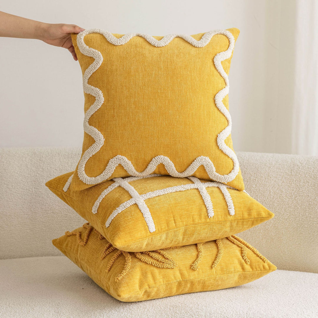 Decorative Textured Square Throw Pillow Cover with Wavy Chenille Loop Trim