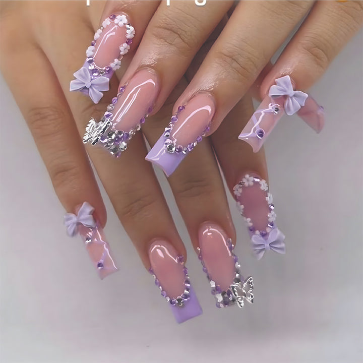Elegant Floral-Embellished Press-On Nails Bowlift