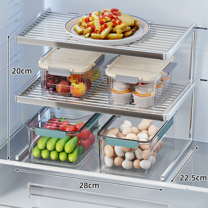 Two-Tier Adjustable Refrigerator Shelf Riser with Non-Slip Slatted Platform