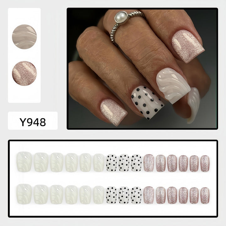 Artificial nail set with elegant glitter and dot design Bowlift