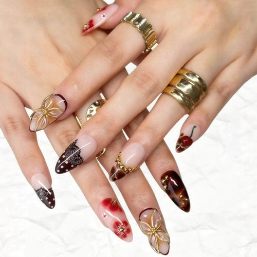 High-quality artificial nail creation with floral decorations Bowlift