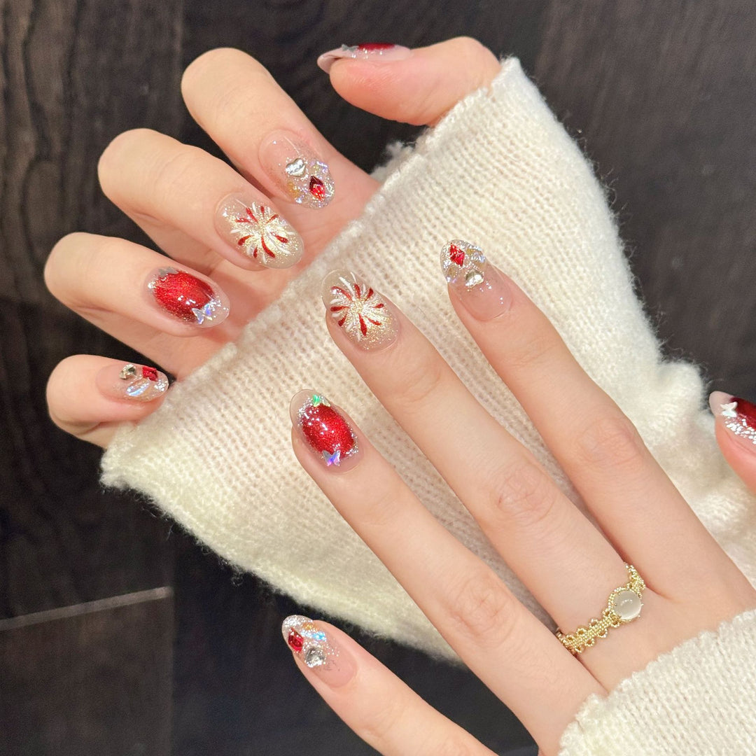 Artistic Press-On Nail Set with Holiday Theme