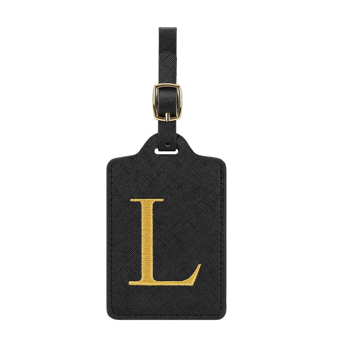 embroidered initial monogram leather luggage tag with adjustable buckle strap Bowlift