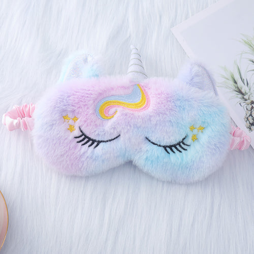 Ladies nan cozy unicorn sleep mask with embroidered eyelashes, soft plush and elastic ruffled ribbon Bowlift