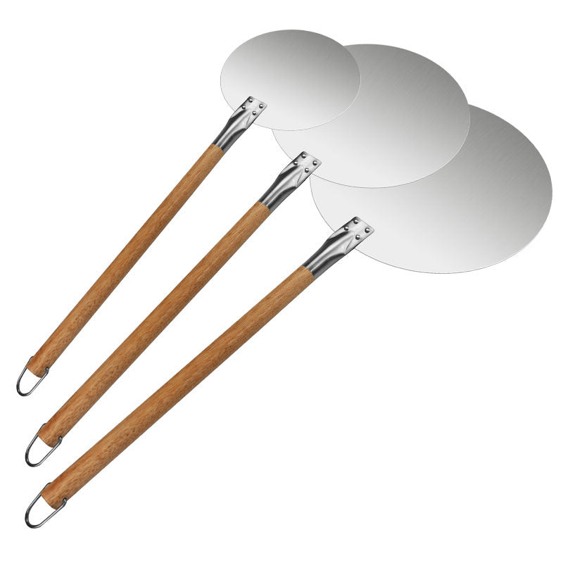 assorted sized round stainless steel pizza peels with long wooden handles Bowlift