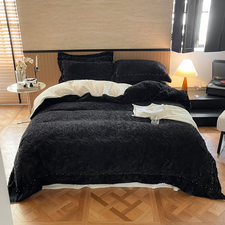 Quilted rose relief bed cover with decorative trim and pillowcases Bowlift