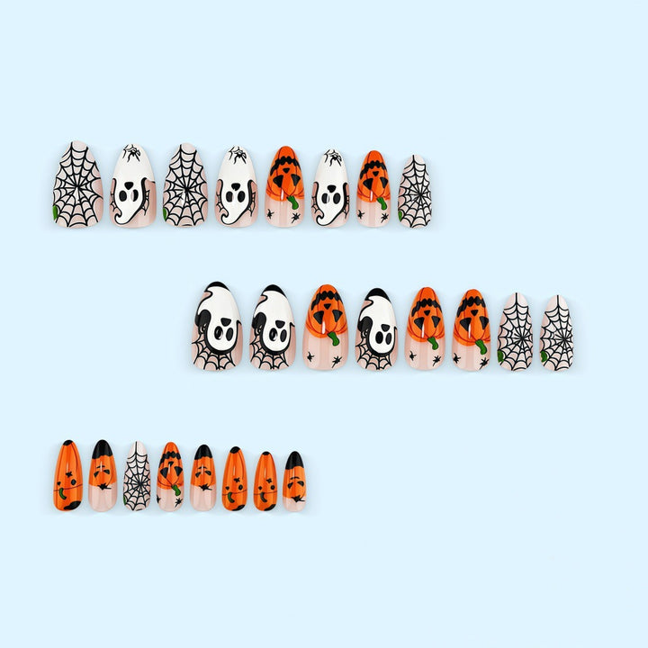 Halloween-themed artificial nails with spooky ghost and pumpkin design Bowlift