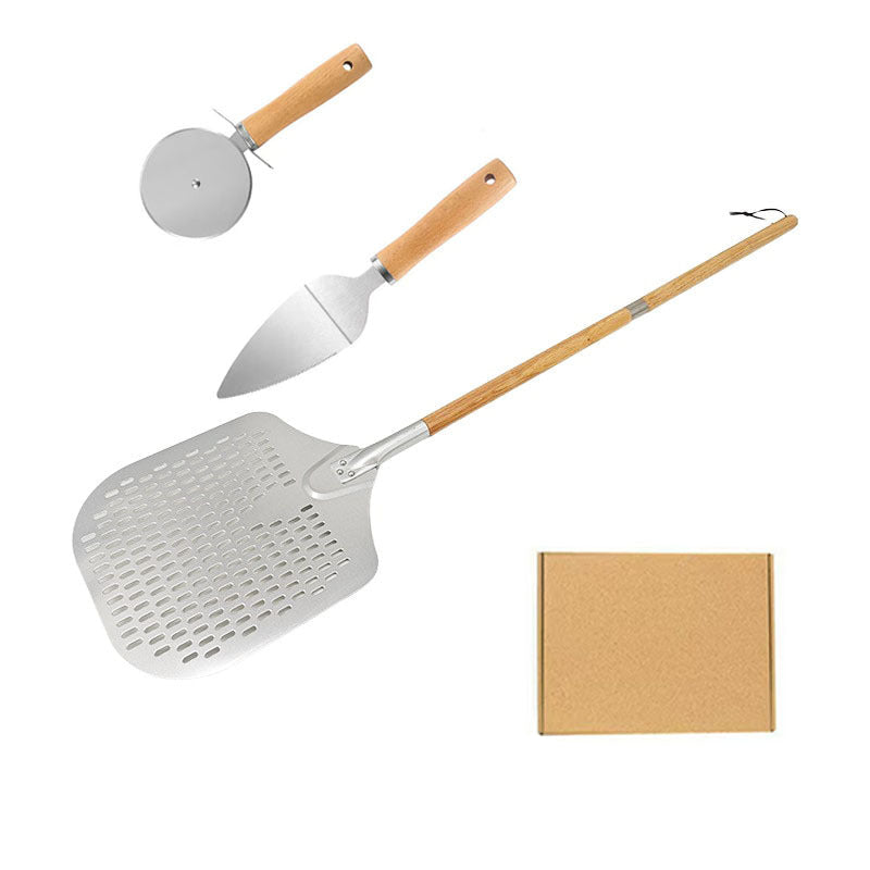long-handled perforated pizza peel set with wooden handle stainless steel cutter and triangle server Bowlift